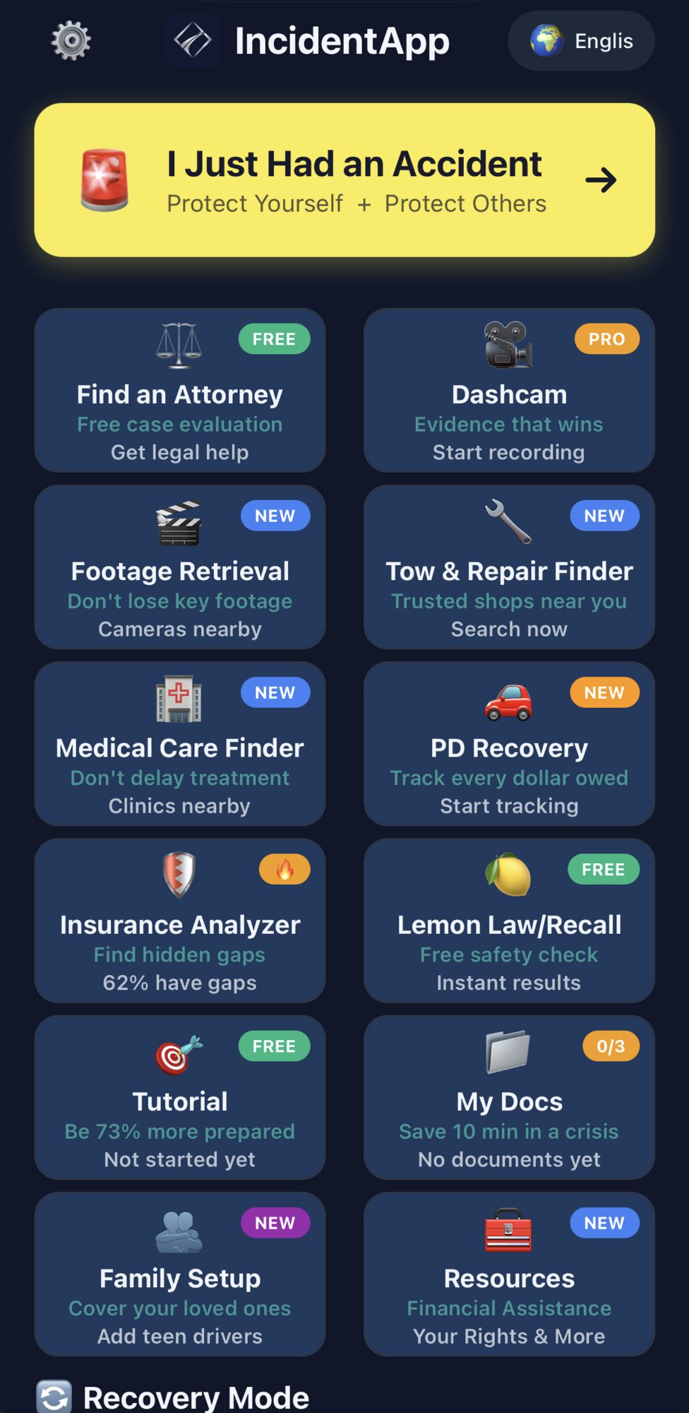 IncidentApp — Real app screenshot showing 40+ features including accident documentation, dashcam, attorney finder, medical care, and insurance tools