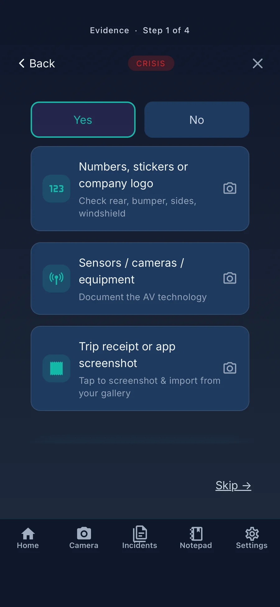 IncidentApp checklist for a driverless vehicle