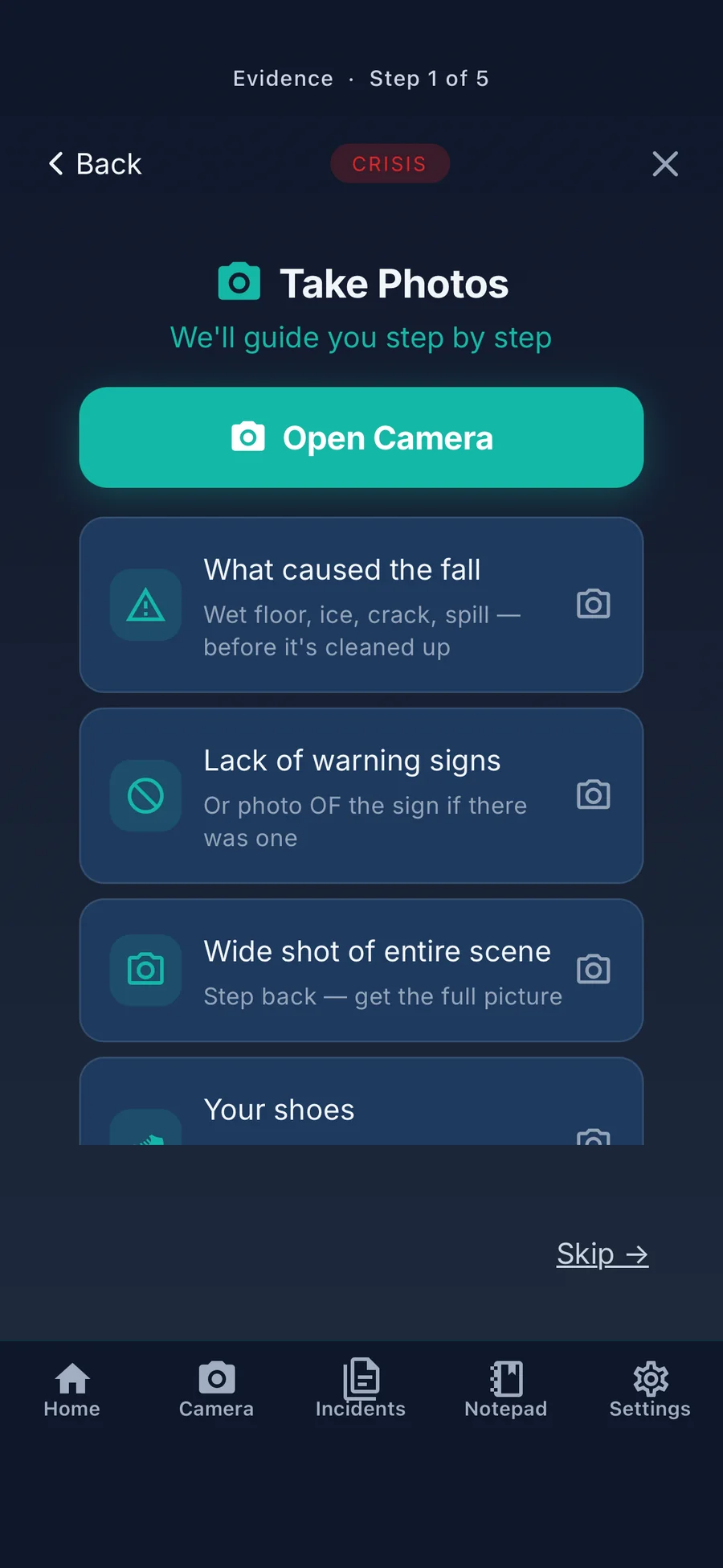 IncidentApp photo checklist for a slip, trip or fall