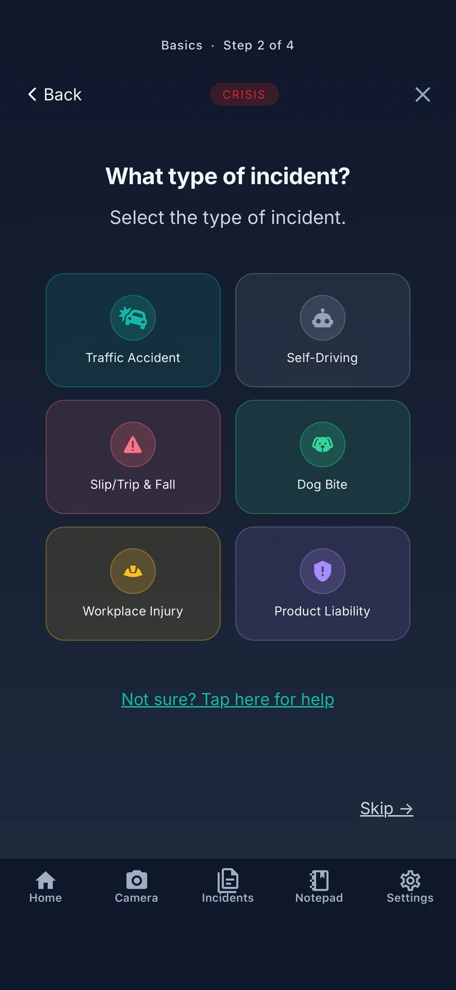 IncidentApp screen asking what type of incident: traffic accident, self-driving, slip, trip and fall, dog bite, workplace injury, product liability