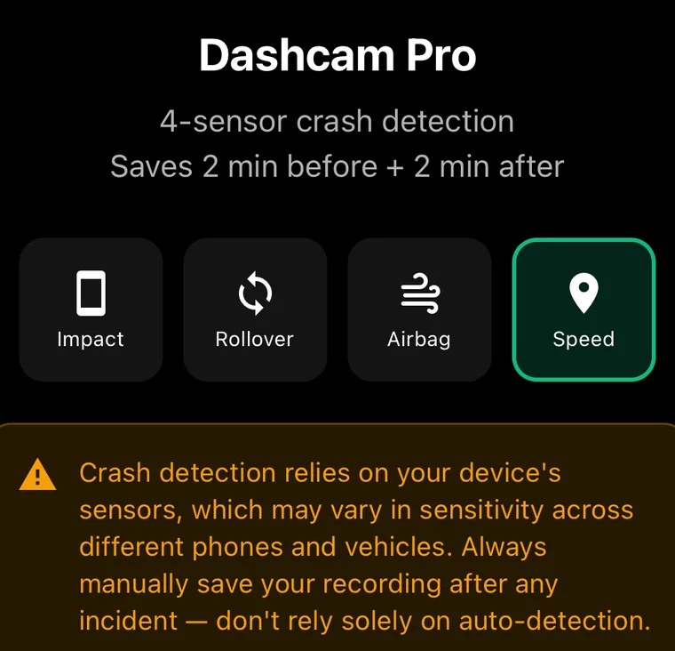 IncidentApp Dashcam Pro: 4-sensor crash detection (impact, rollover, airbag, speed), saves 2 minutes before and 2 minutes after