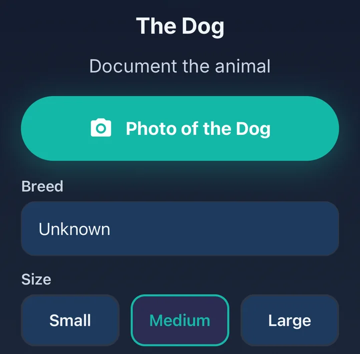 Next step: the dog. A photo, the breed and the size