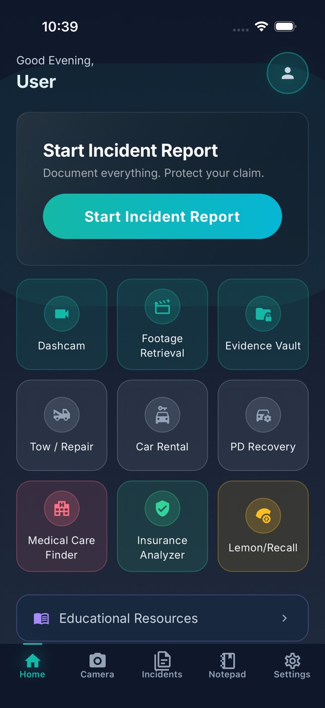 IncidentApp home screen — Start Incident Report at top plus 10 always-on tools: Dashcam, Footage Retrieval, Evidence Vault, Tow/Repair, Car Rental, PD Recovery, Medical Care Finder, Insurance Analyzer, Lemon/Recall, Educational Resources