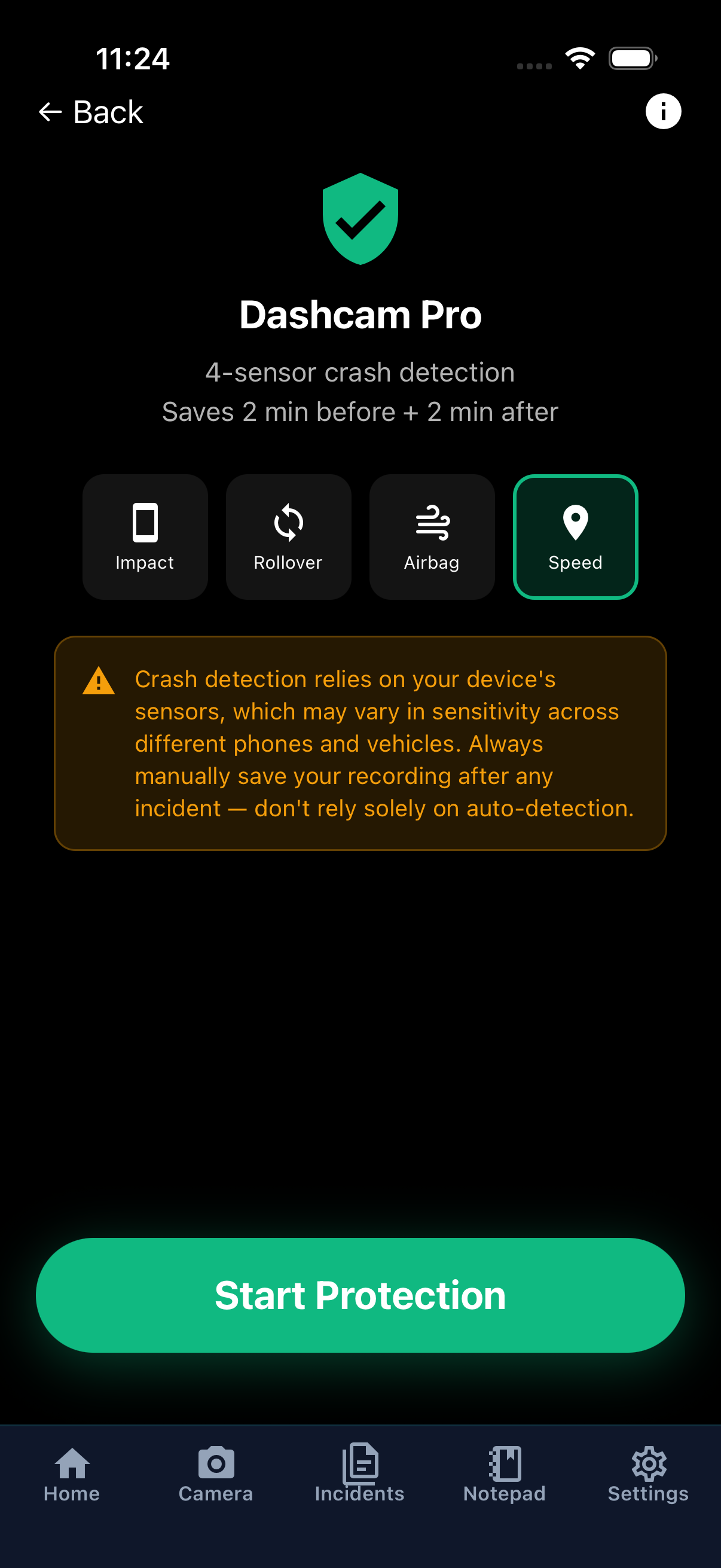 Dashcam Pro — 4-sensor crash detection running in background