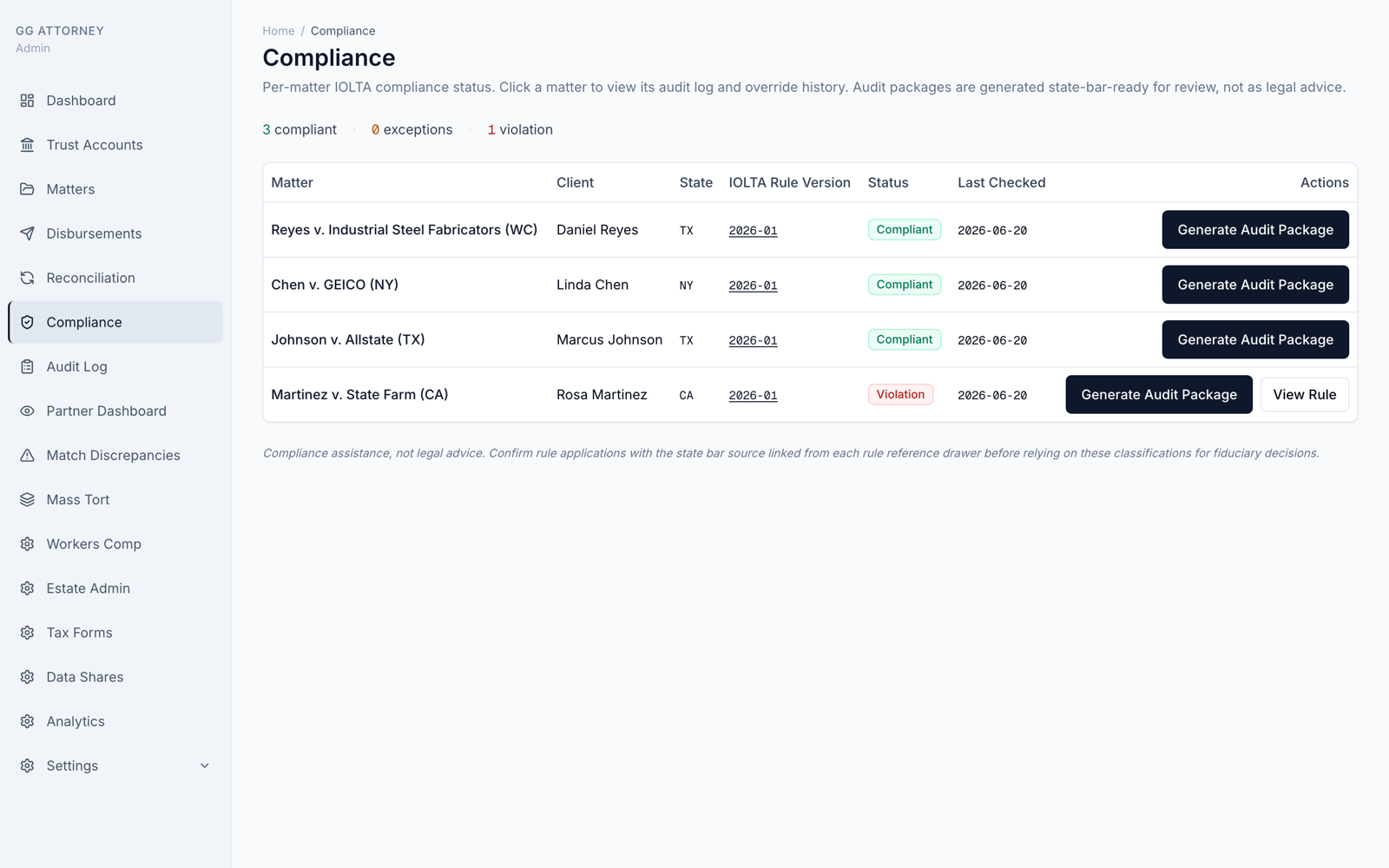 Insurance Intelligence Pro — per-matter IOLTA compliance status and audit-package generation