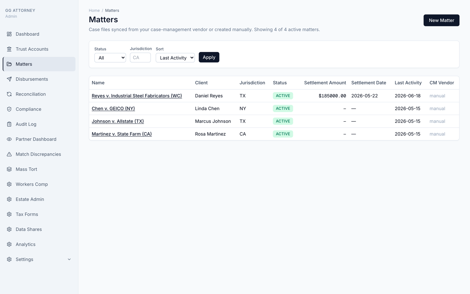 Insurance Intelligence Pro — active matters with settlement amounts, jurisdictions, and status