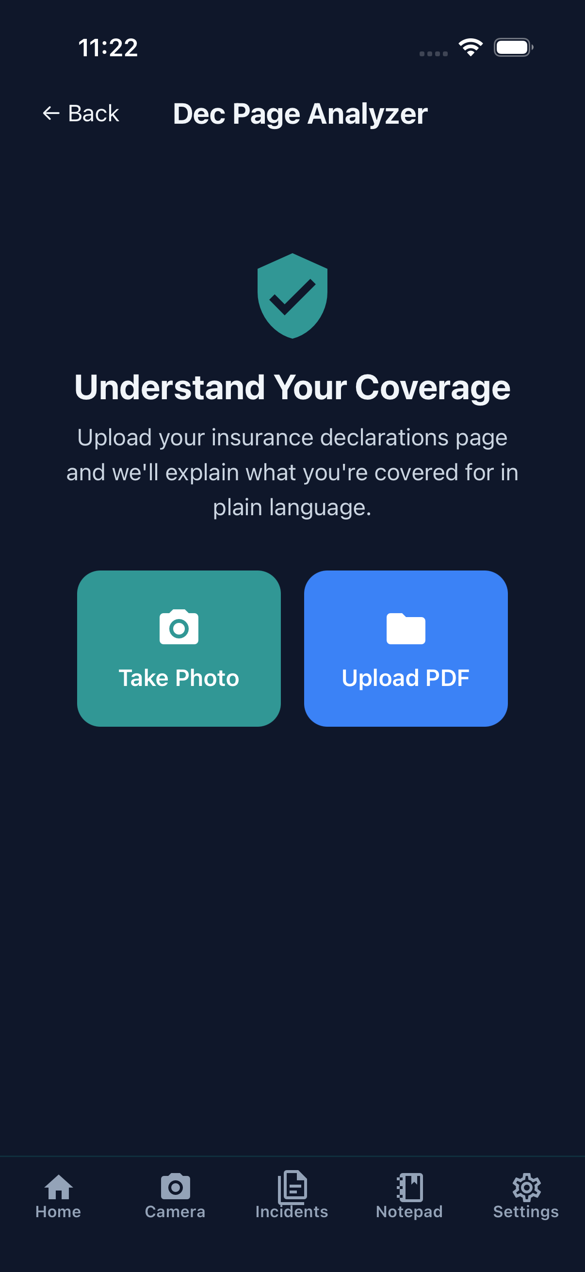 Insurance Analyzer — upload your policy declarations page for plain-language coverage breakdown