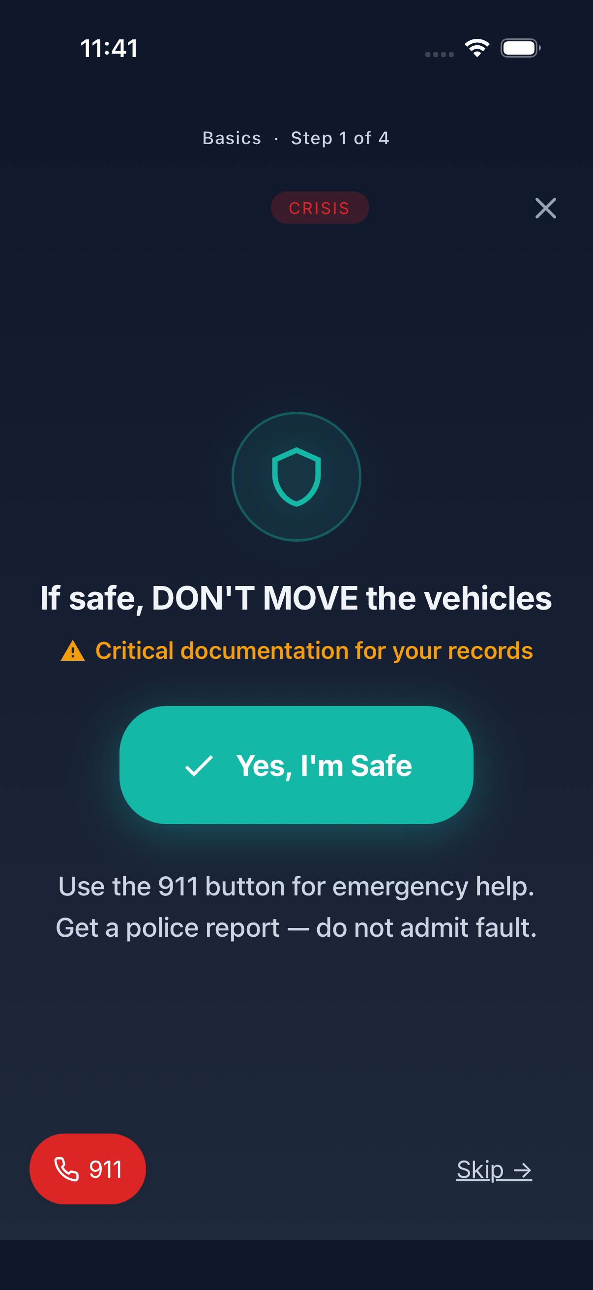 IncidentApp — Safety check first: confirm you're safe before documenting, with one-tap 911 access
